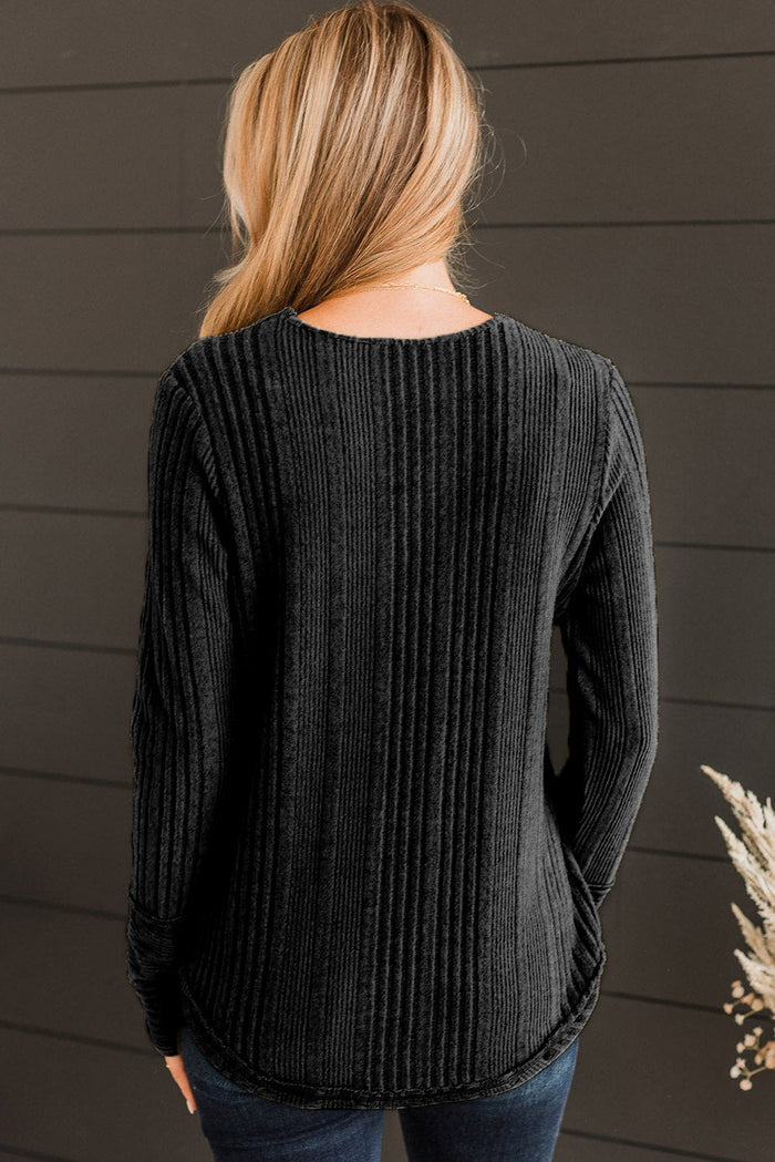 Black V Neck Buttoned Ribbed Knit Top - Tops/Long Sleeve Tops