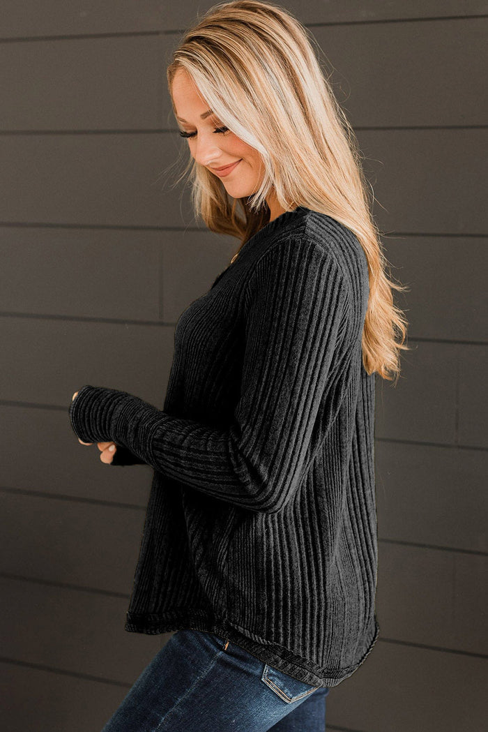 Black V Neck Buttoned Ribbed Knit Top - Tops/Long Sleeve Tops