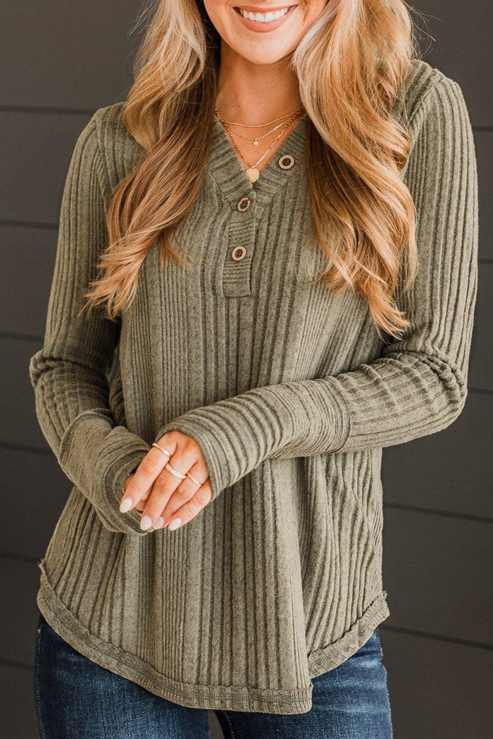 Black V Neck Buttoned Ribbed Knit Top - JUNGLE GREEN / S / 95% POLYESTER + 5% ELASTANE - Tops/Long Sleeve Tops