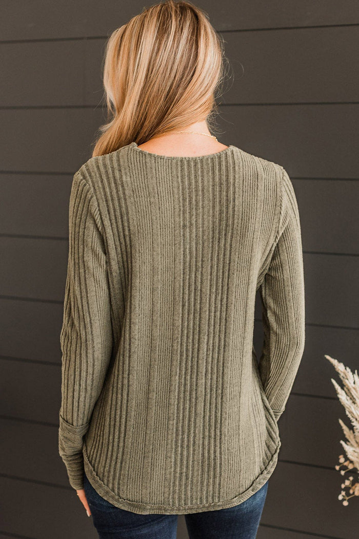 Black V Neck Buttoned Ribbed Knit Top - Tops/Long Sleeve Tops