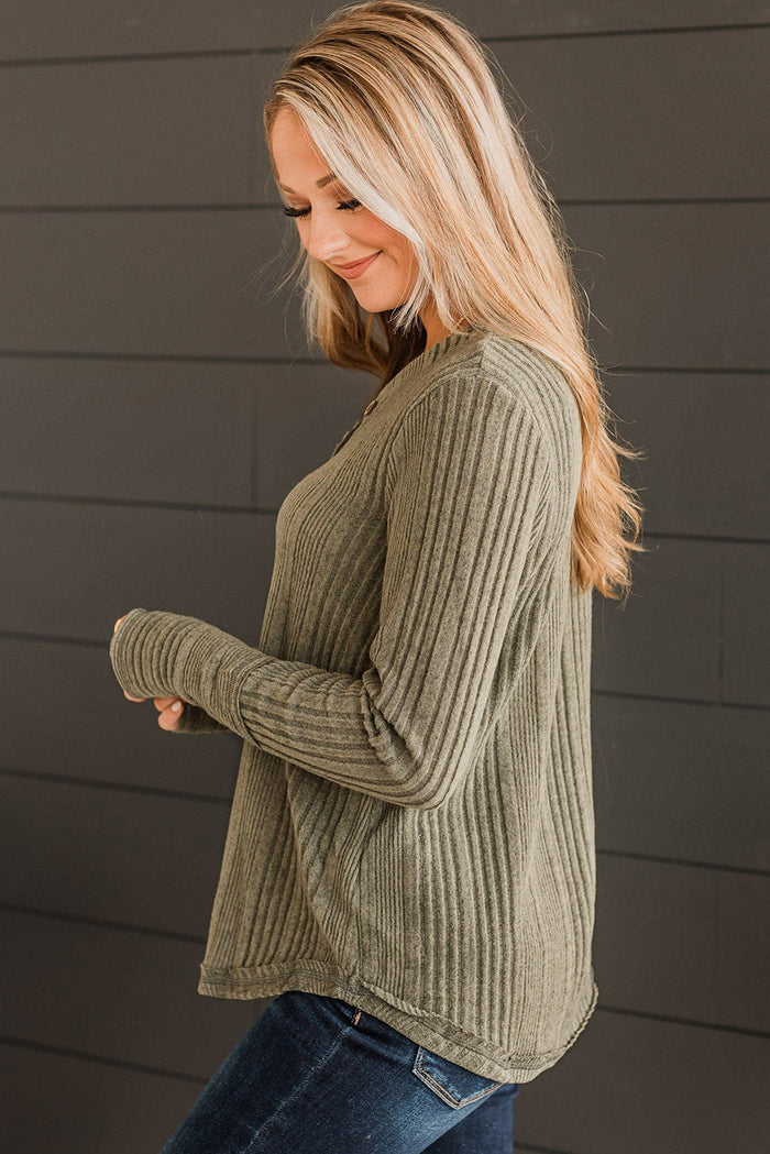 Black V Neck Buttoned Ribbed Knit Top - Tops/Long Sleeve Tops