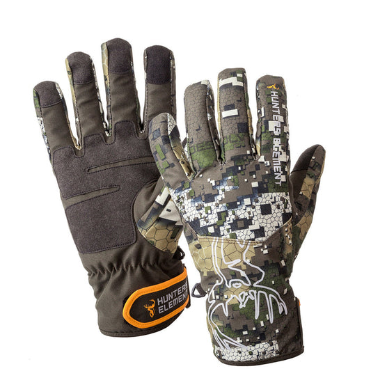A pair of camouflage pattern hunting gloves with a logo on the wrist, made from recycled plastic bottles, with waterproof and breathable properties.