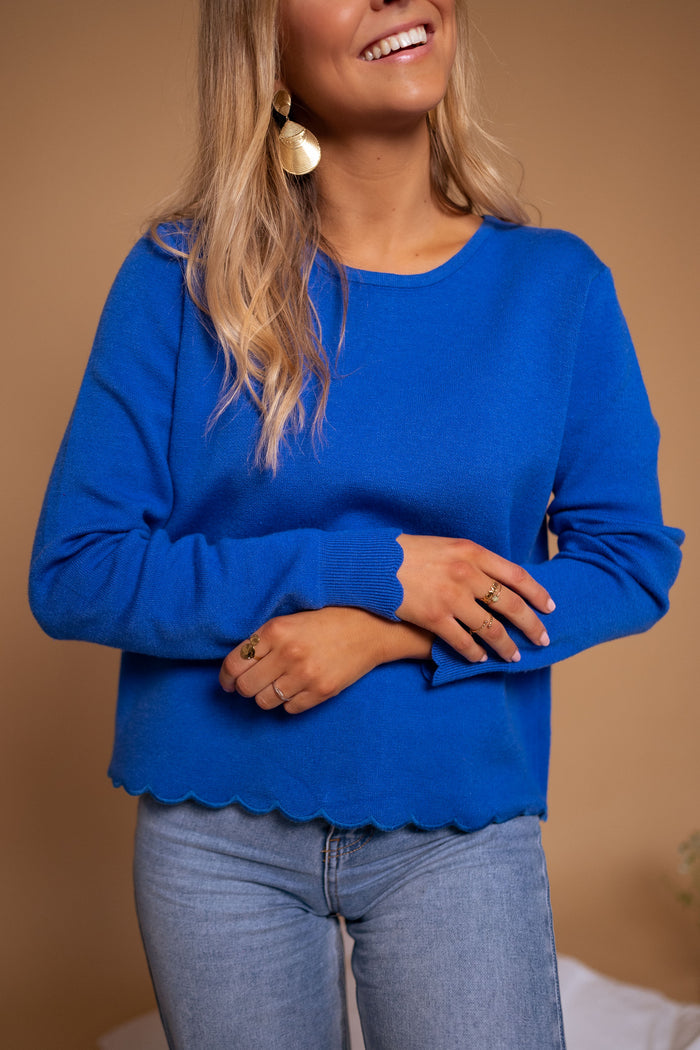Blue Bess sweater gold button back detail