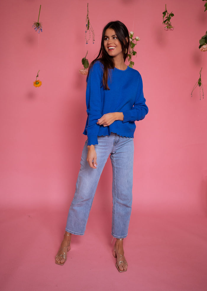 Blue Bess sweater scallop cuff detail