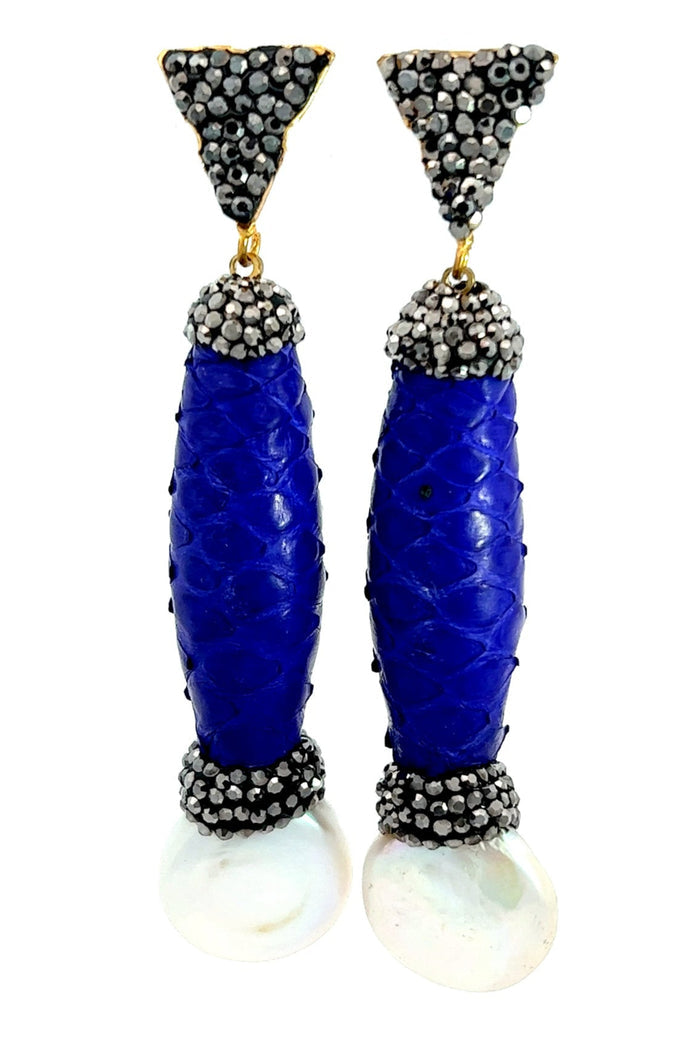 Style the Blue Python Print Leather & Pearl Drop Earring exclusively at Born To Glam