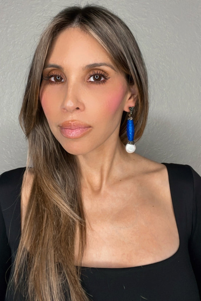 Style the Blue Python Print Leather & Pearl Drop Earring exclusively at Born To Glam