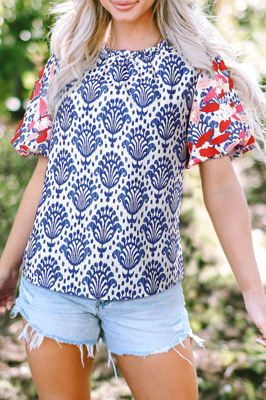 Blue Western Fashion Print Floral Puff Sleeve Frilled Neck Blouse - S / 100% Polyester - Tops/Blouses & Shirts