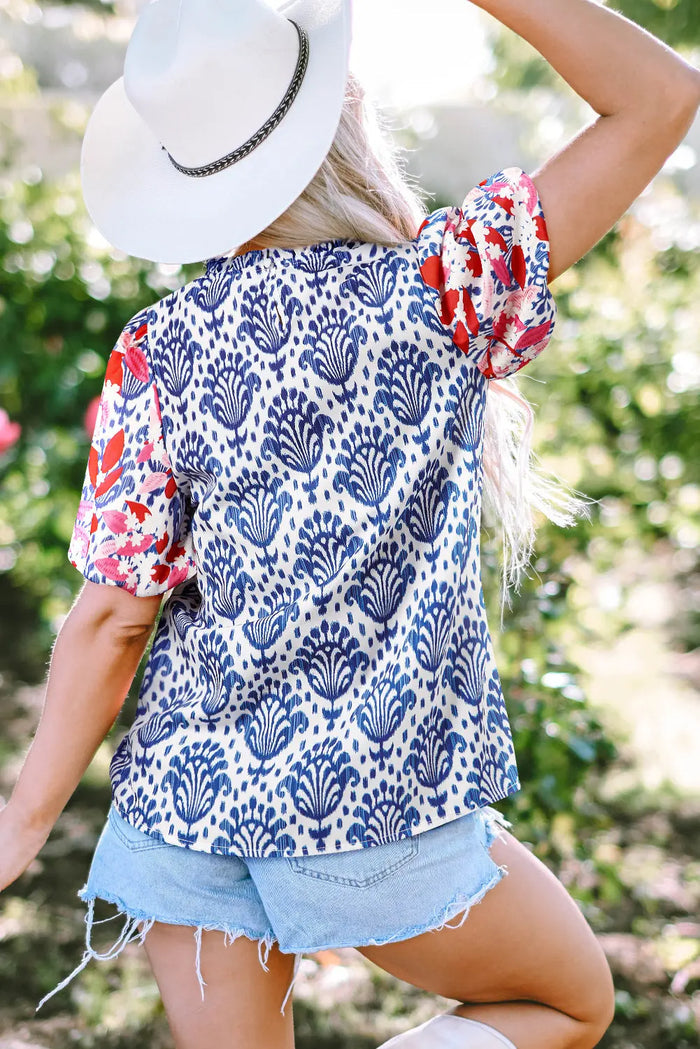 Blue Western Fashion Print Floral Puff Sleeve Frilled Neck Blouse - Tops/Blouses & Shirts