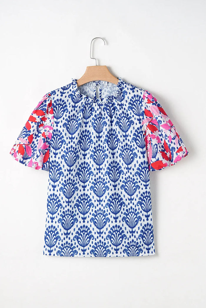Blue Western Fashion Print Floral Puff Sleeve Frilled Neck Blouse - Tops/Blouses & Shirts