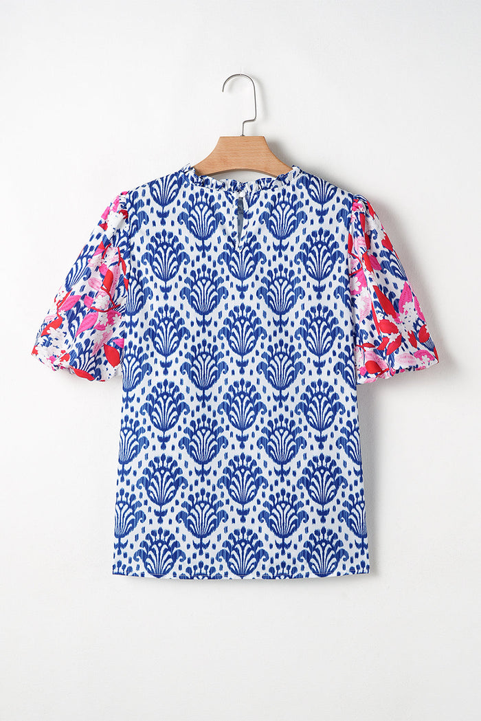Blue Western Fashion Print Floral Puff Sleeve Frilled Neck Blouse - Tops/Blouses & Shirts