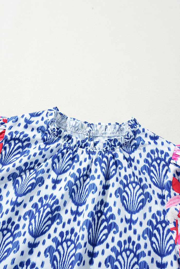 Blue Western Fashion Print Floral Puff Sleeve Frilled Neck Blouse - Tops/Blouses & Shirts