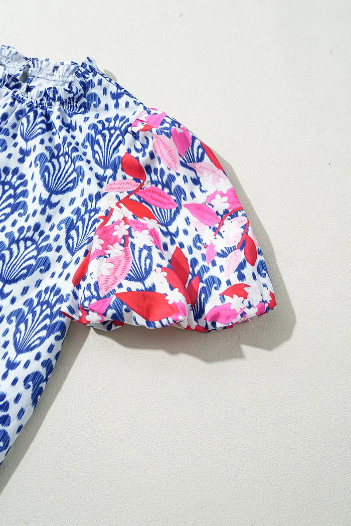 Blue Western Fashion Print Floral Puff Sleeve Frilled Neck Blouse - Tops/Blouses & Shirts