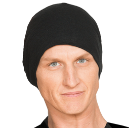Man wearing Merino wool black beanie.