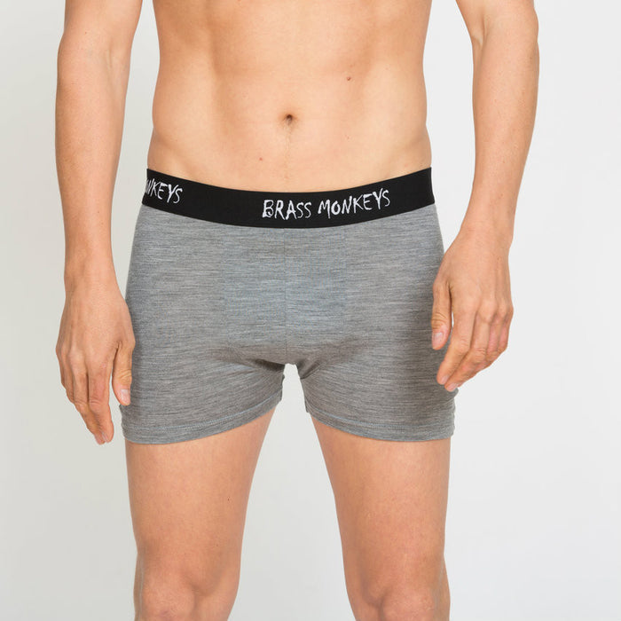 Man wearing Merino grey boxers.