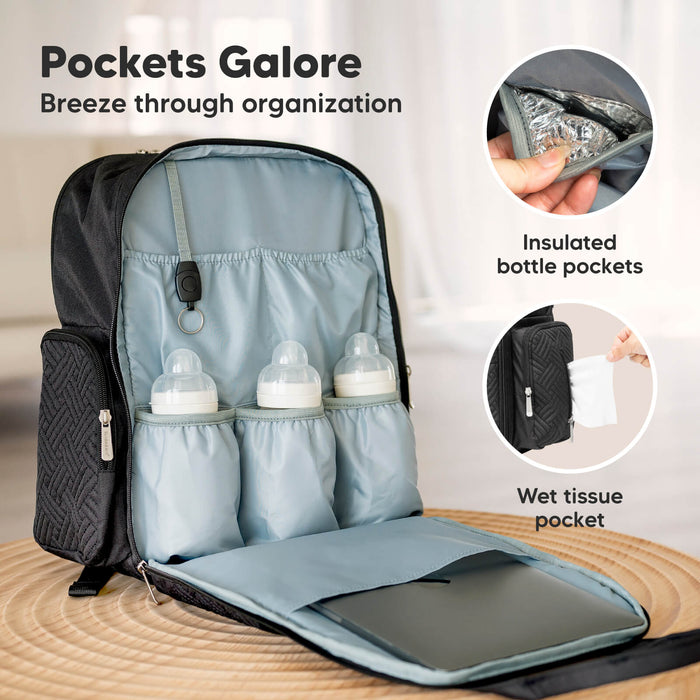 Pockets Galore: Breeze through organization, insulated bottle pockets, wet tissue pocket