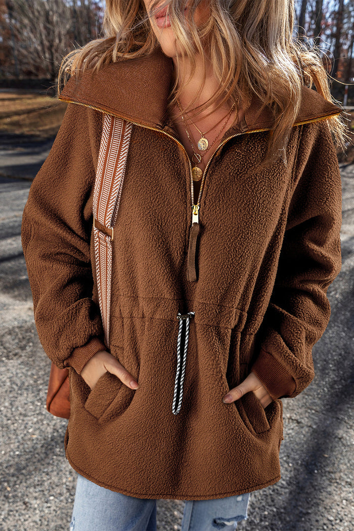 Brown Half Zip Fleece Pullover Sweatshirt - BROWN / S / 100% POLYESTER - Tops/Sweatshirts & Hoodies