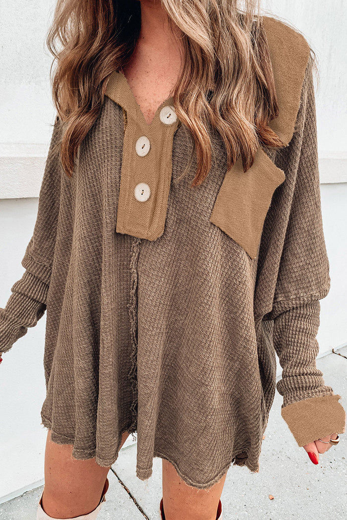 Brown Waffle Knit Buttoned Long Sleeve Top - BROWN / S / 95% POLYESTER + 5% ELASTANE - Tops/Long Tops