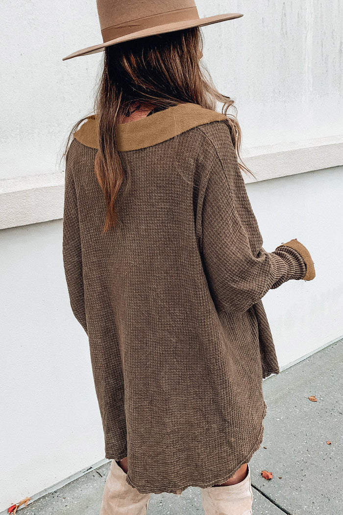 Brown Waffle Knit Buttoned Long Sleeve Top - Tops/Long Tops