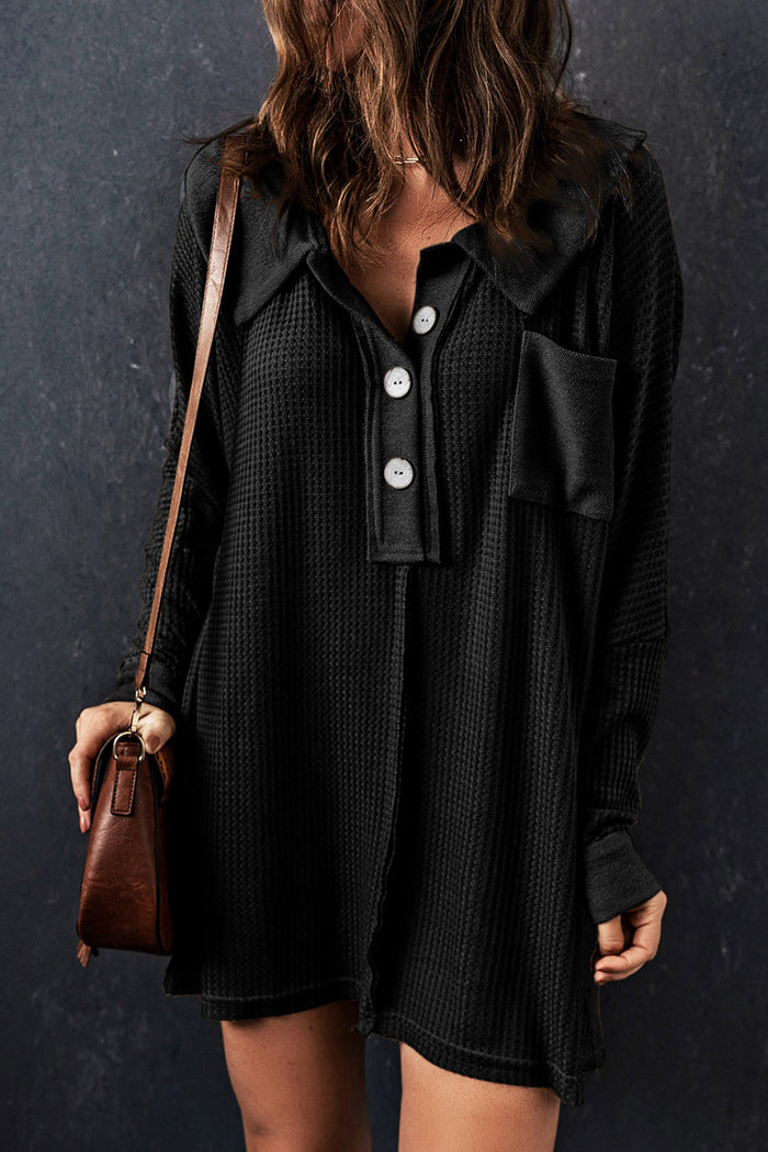 Brown Waffle Knit Buttoned Long Sleeve Top - BLACK / S / 95% POLYESTER + 5% ELASTANE - Tops/Long Tops