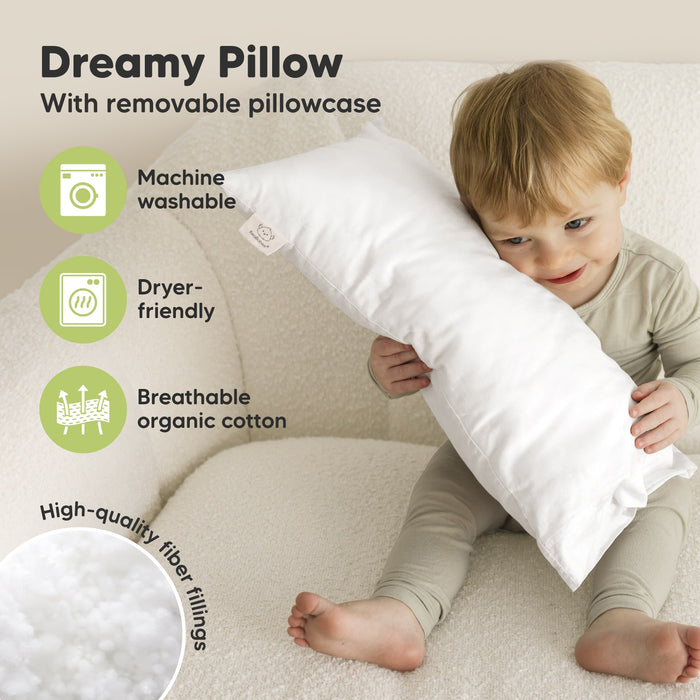 Dreamy Pillow With removable pillowcase. Machine washable, Dryer-friendly, Breathable organic cotton, High-quality fiber fillings