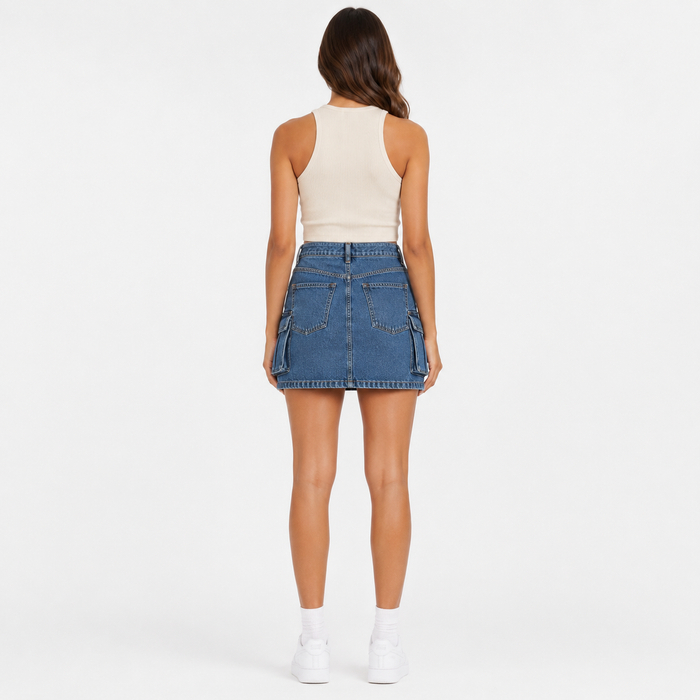 Cargo denim skirt back view showing fit, seams and rear pockets