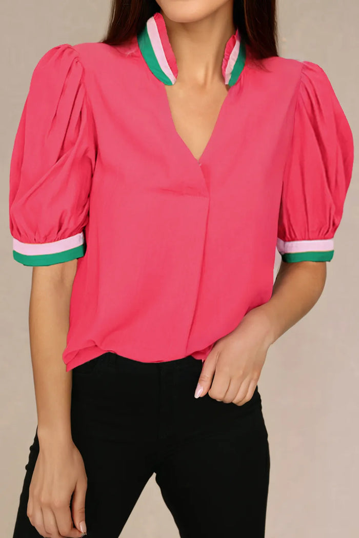 Carrot Colourful Trim V Neck Short Sleeve Blouse - Tops/Blouses & Shirts