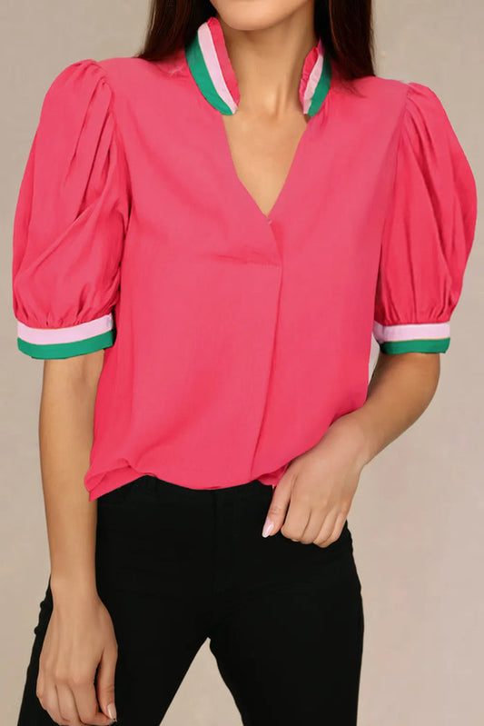 Carrot Colourful Trim V Neck Short Sleeve Blouse - Tops/Blouses & Shirts