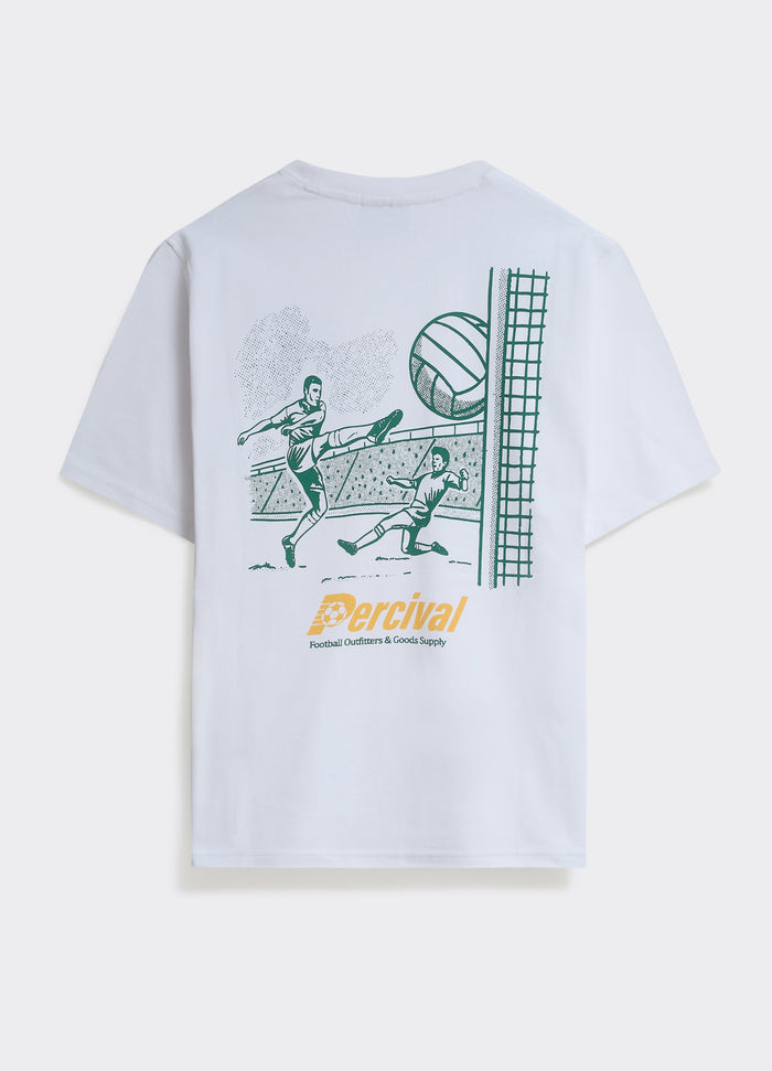 The white Percival Champs T-shirt in soft cotton, featuring a green retro football graphic across the back.