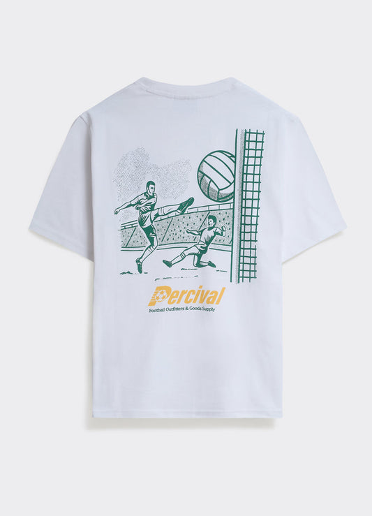 The white Percival Champs T-shirt in soft cotton, featuring a green retro football graphic across the back.