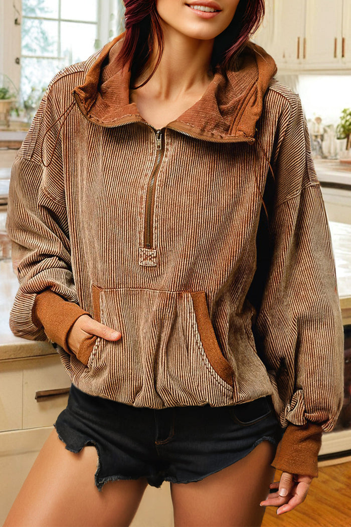 Chestnut Half Zipper Kangaroo Pocket Drawstring Corduroy Hoodie - CHESTNUT / S / 100% COTTON - Tops/Sweatshirts &