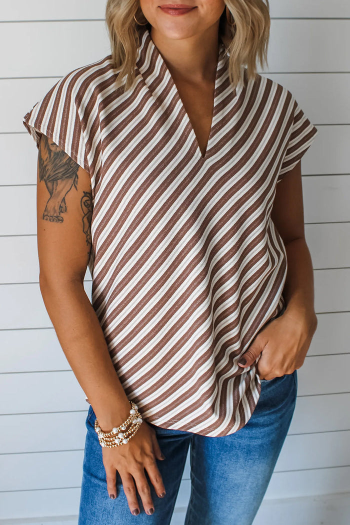 Chestnut Striped Stand V Neck Short Sleeve Blouse - S / 95% Polyester + 5% Elastane - Tops/Blouses & Shirts