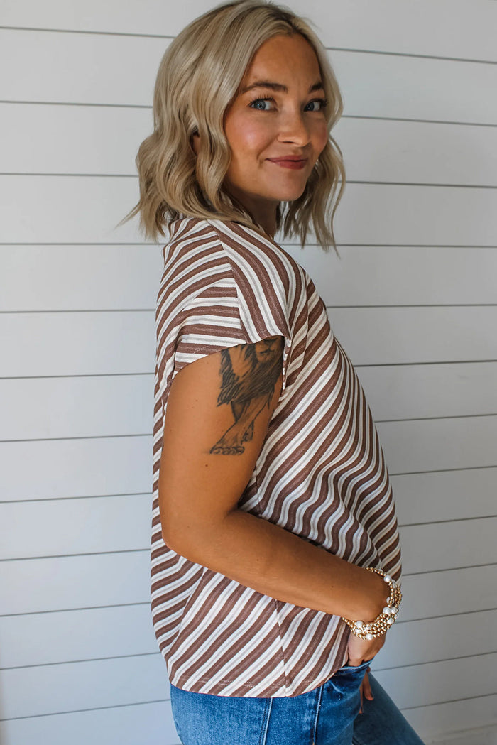 Chestnut Striped Stand V Neck Short Sleeve Blouse - Tops/Blouses & Shirts