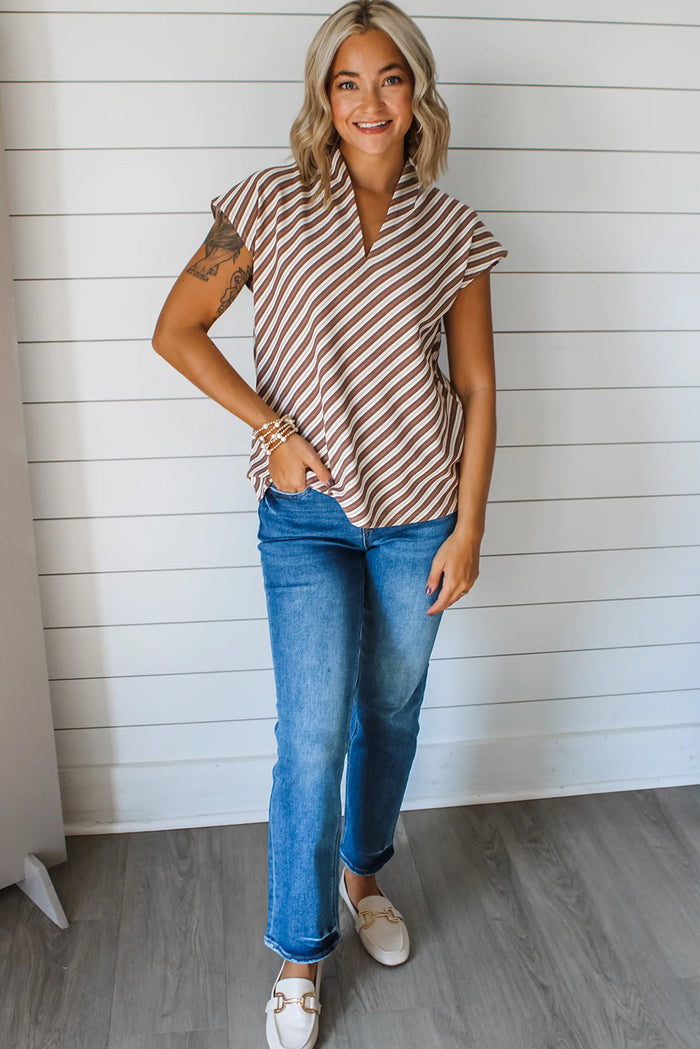 Chestnut Striped Stand V Neck Short Sleeve Blouse - Tops/Blouses & Shirts