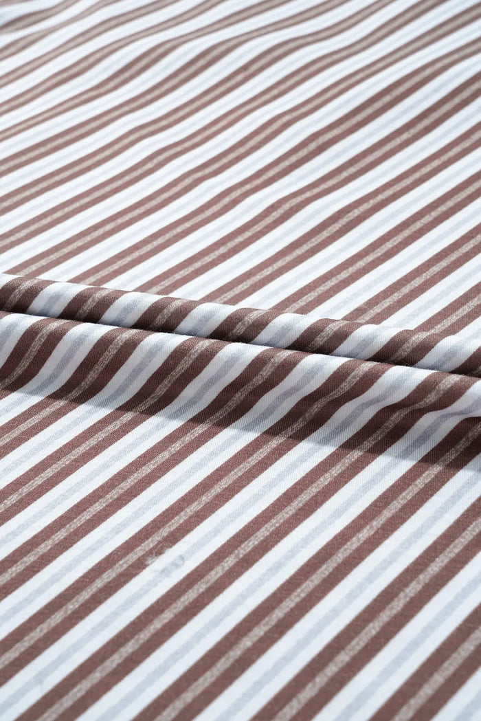 Chestnut Striped Stand V Neck Short Sleeve Blouse - Tops/Blouses & Shirts