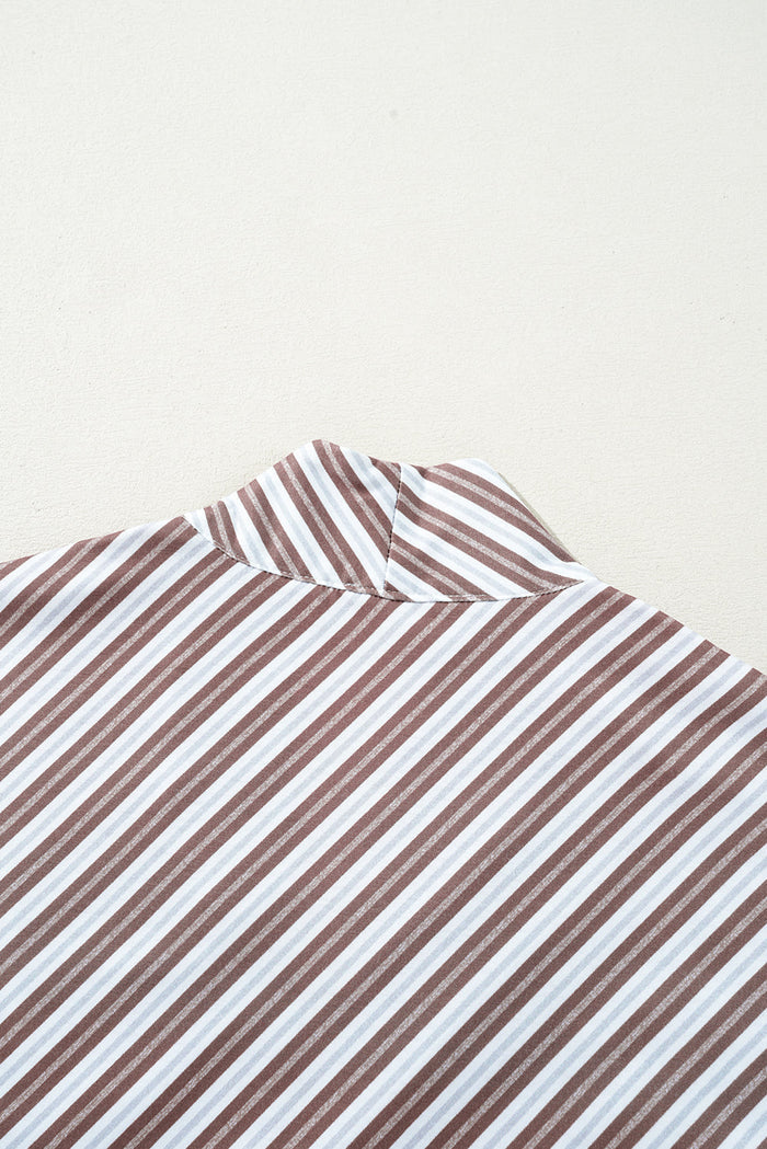 Chestnut Striped Stand V Neck Short Sleeve Blouse - Tops/Blouses & Shirts