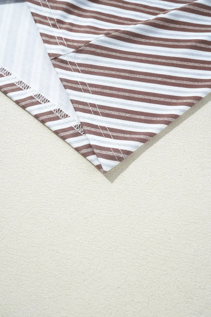 Chestnut Striped Stand V Neck Short Sleeve Blouse - Tops/Blouses & Shirts