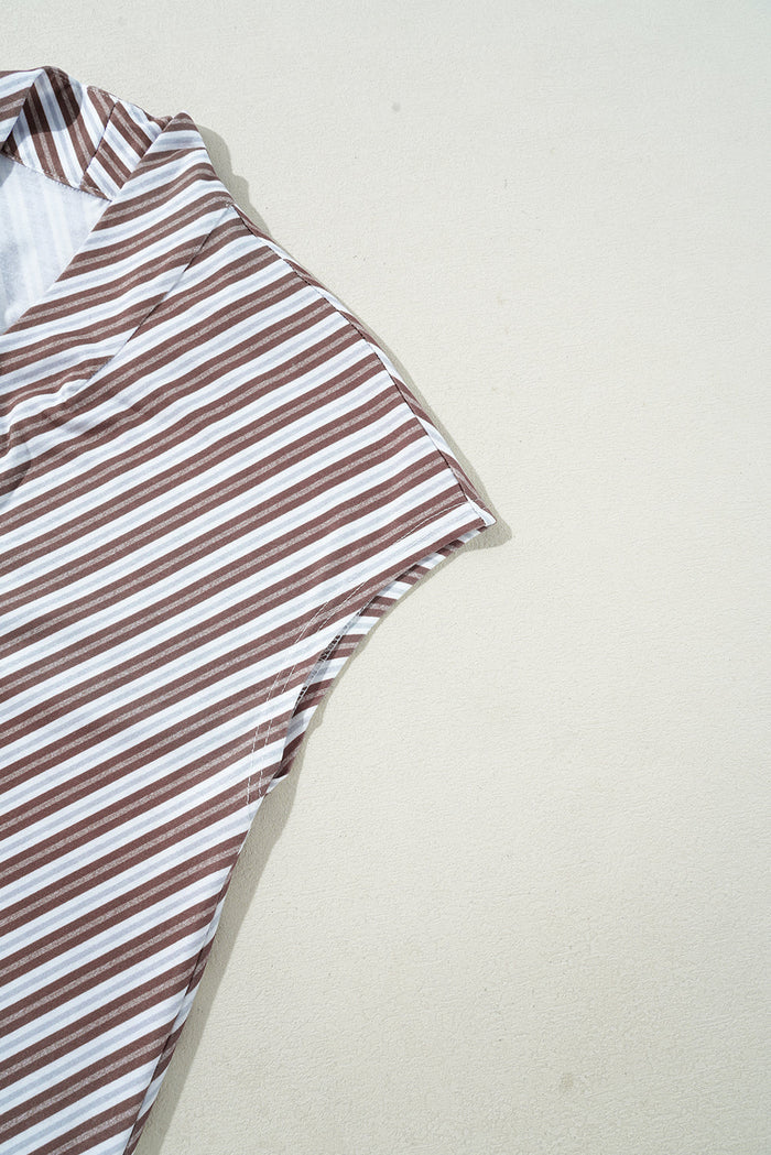 Chestnut Striped Stand V Neck Short Sleeve Blouse - Tops/Blouses & Shirts