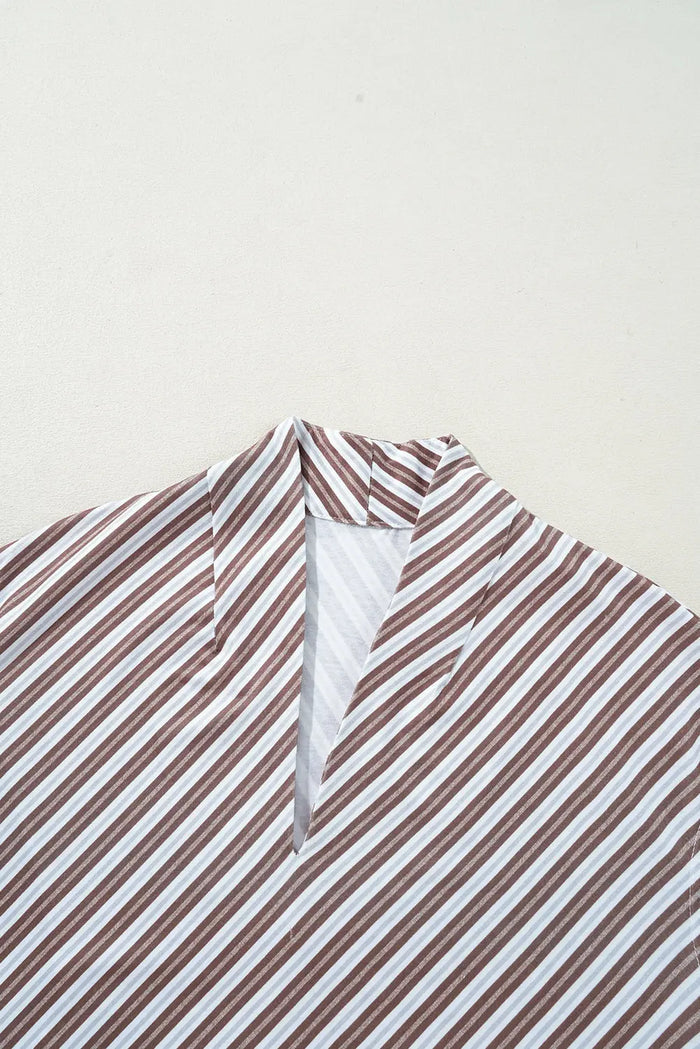 Chestnut Striped Stand V Neck Short Sleeve Blouse - Tops/Blouses & Shirts