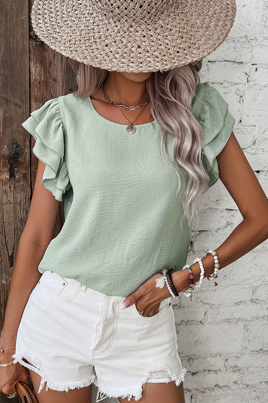 Clearly Aqua Solid Colour Ruffled Short Sleeve Casual Blouse - S / 100% Polyester - Tops/Blouses & Shirts