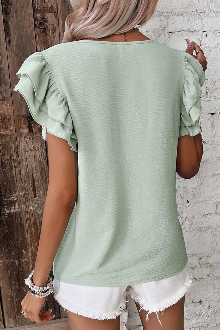 Clearly Aqua Solid Colour Ruffled Short Sleeve Casual Blouse - Tops/Blouses & Shirts