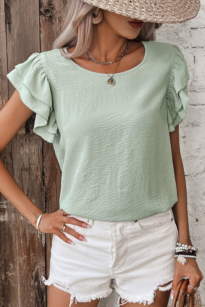 Clearly Aqua Solid Colour Ruffled Short Sleeve Casual Blouse - Tops/Blouses & Shirts