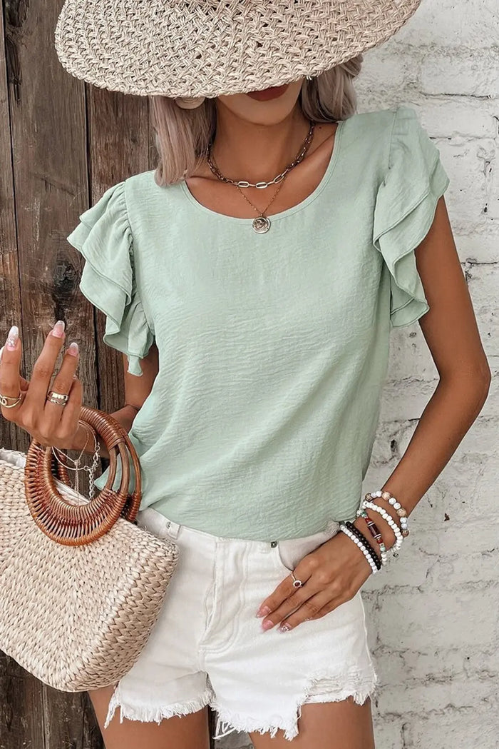 Clearly Aqua Solid Colour Ruffled Short Sleeve Casual Blouse - Tops/Blouses & Shirts