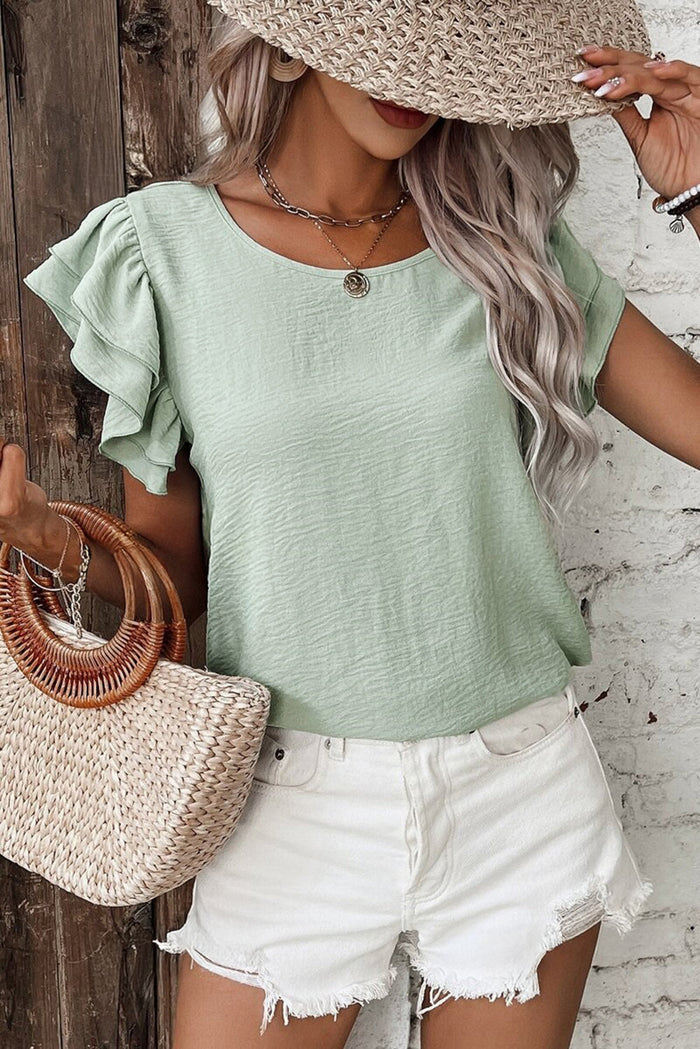 Clearly Aqua Solid Colour Ruffled Short Sleeve Casual Blouse - Tops/Blouses & Shirts
