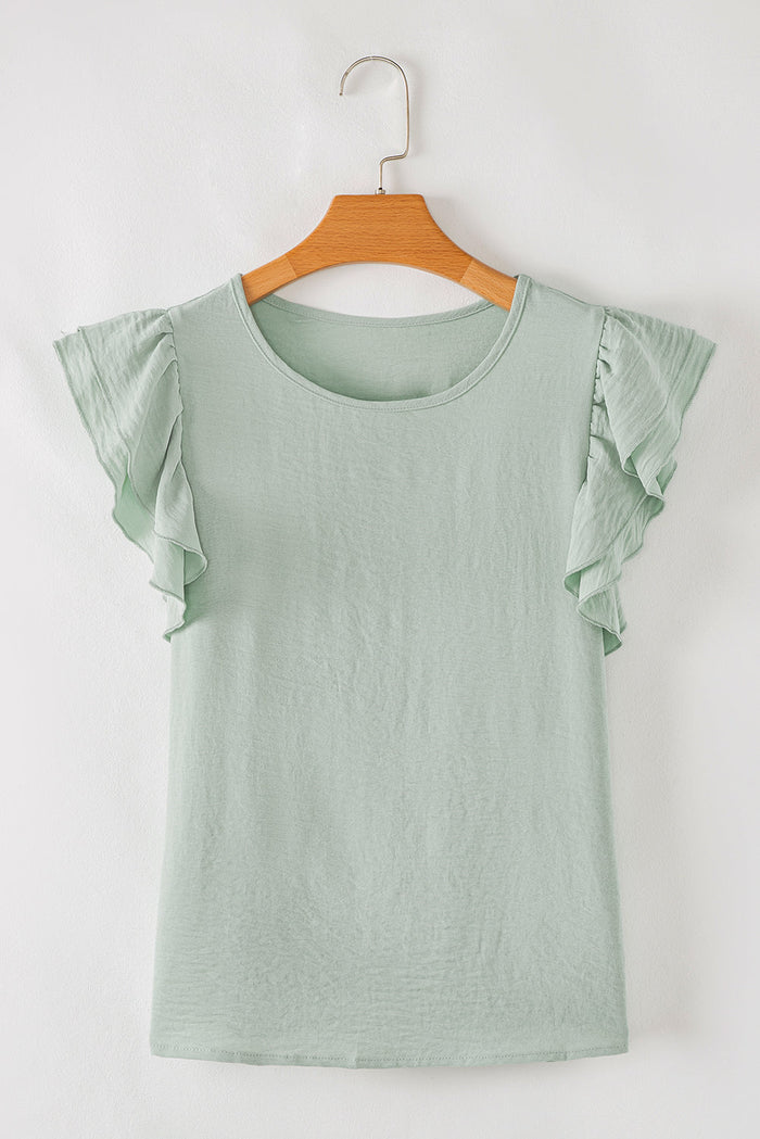 Clearly Aqua Solid Colour Ruffled Short Sleeve Casual Blouse - Tops/Blouses & Shirts