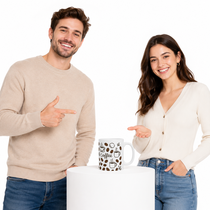 Coffee mug set in glossy white ceramic with vivid coffee bean artwork shown as cheerful drinkware for morning coffee routines