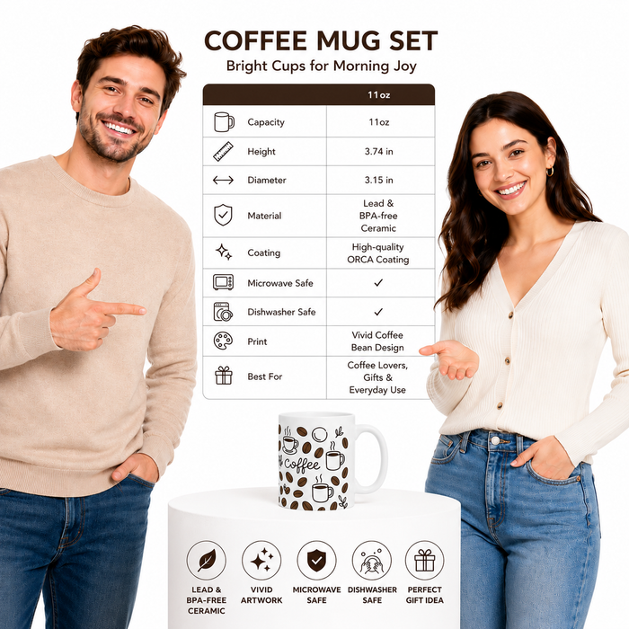 Coffee lover mug set with bright artwork and glossy ceramic finish, designed for coffee breaks at home, work, or your office.