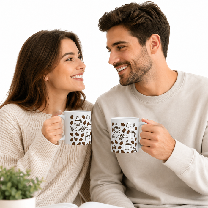 Glossy ceramic coffee mug set with vivid bean print, microwave-safe design, and two size options for easy daily use and care.
