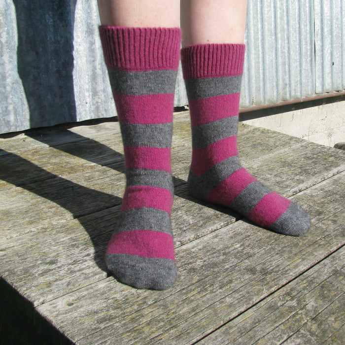 Striped Possum socks. Colour Fuschia/Riverstone