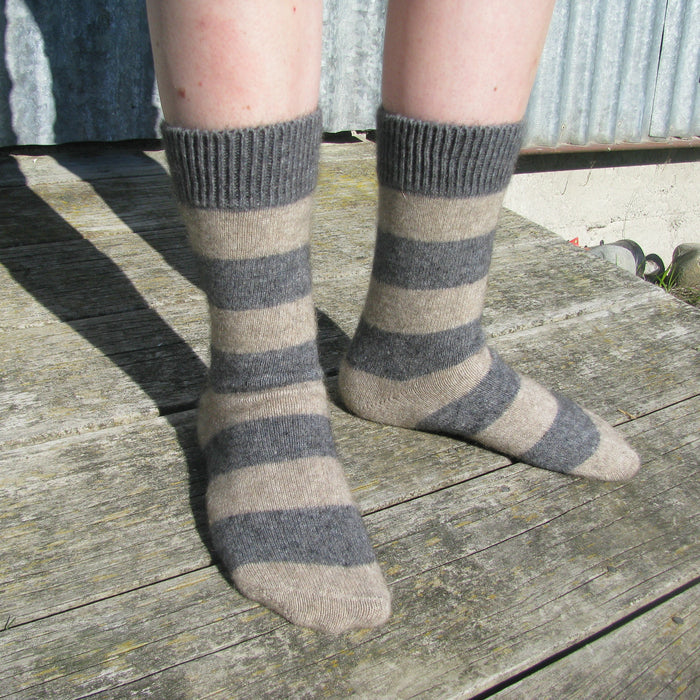 Striped Possum socks. Colour Riverstone/Natural