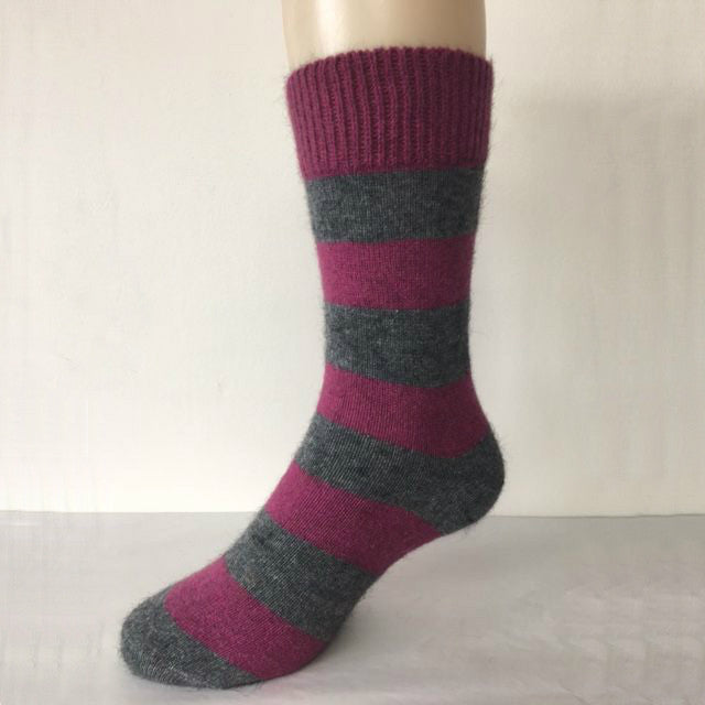 Striped Possum socks side view. Colour Fuschia/Riverstone